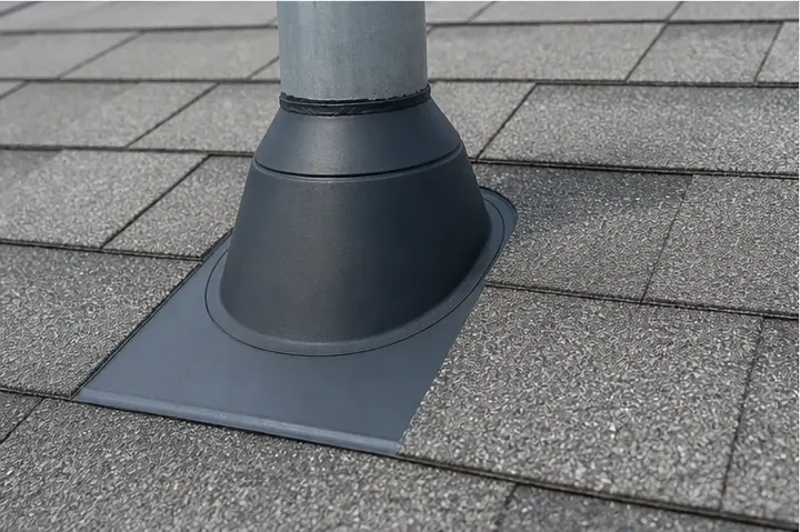 Roof vent flashing seated tightly against asphalt shingles.