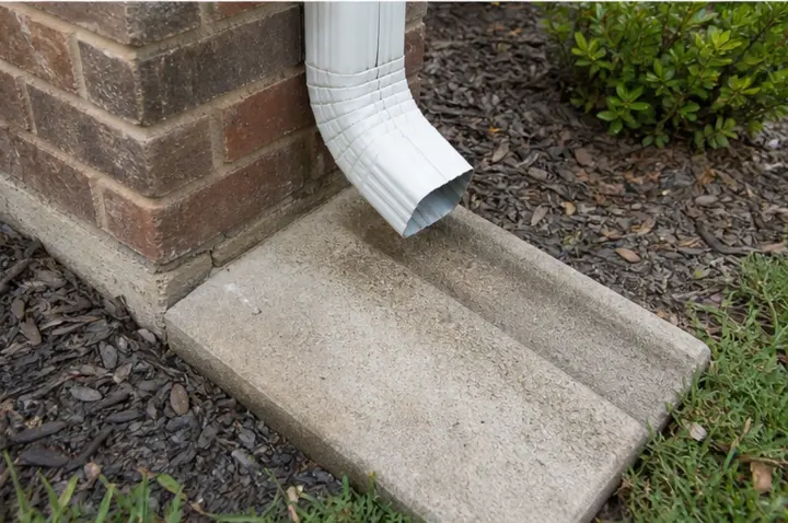 Light roof granules on a concrete splash block below a downspout.