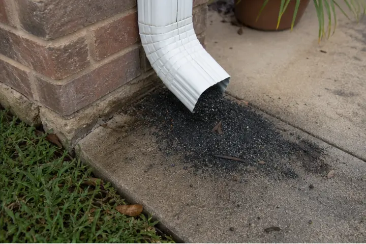 Heavy roof granule buildup on concrete below a downspout.
